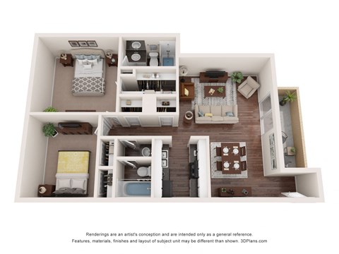 a stylized floor plan of a 1 bedroom apartment